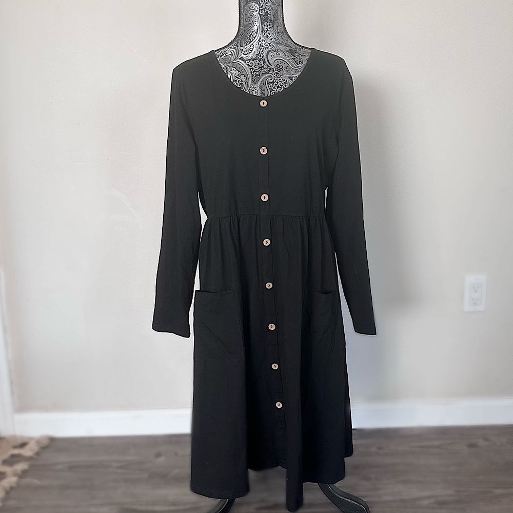 Ouges Womens Stretch Round Neck Long Sleeve Button Front Dress Black